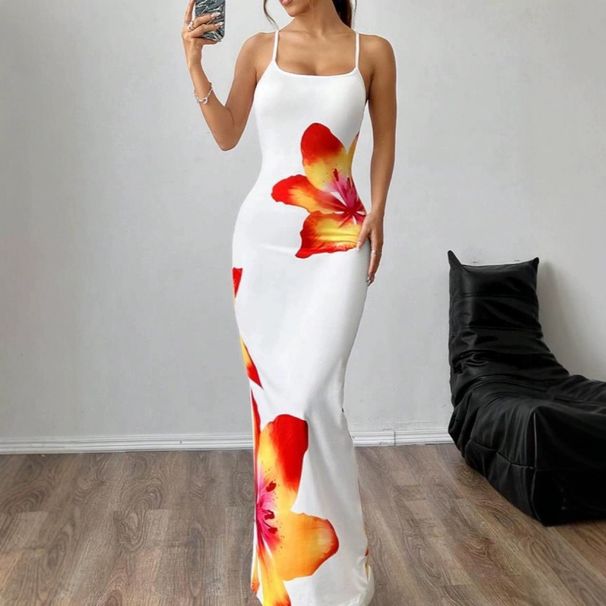 Popular Summer New Hot-selling White Suspender Slim-fitting Long Dress_ecoleips.com