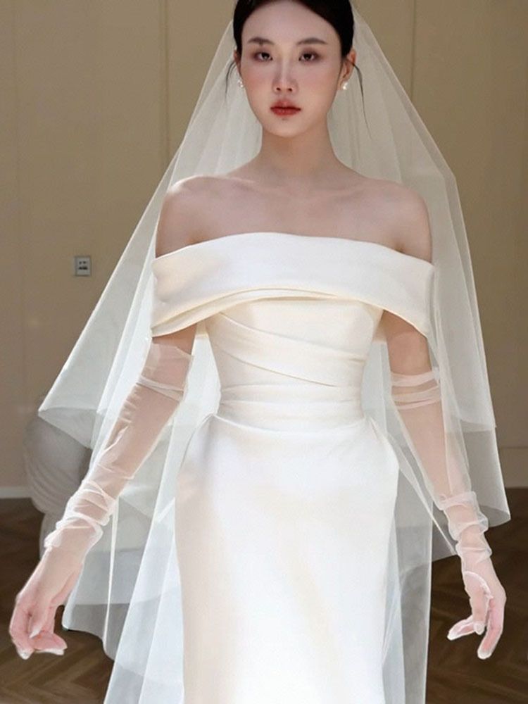 off the Shoulder Satin Wedding Dress 2026 Simple Elegance Understated Luxury Forest Inspired Slimming Train Gown Perfect for Going out Morning Robe Style Spring Style_ecoleips.com