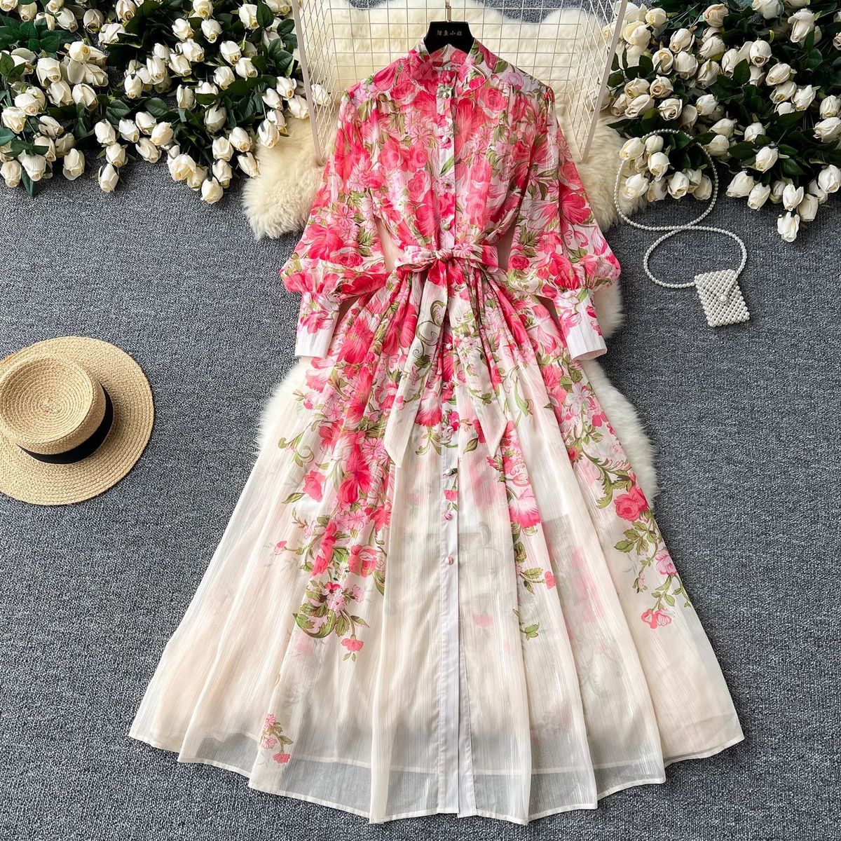 Women's European American Printed Dress Stand Up Collar Long Sleeve High Waist Chiffon Fairy Skirt_ecoleips.com