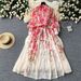 Women's European American Printed Dress Stand Up Collar Long Sleeve High Waist Chiffon Fairy Skirt_ecoleips.com