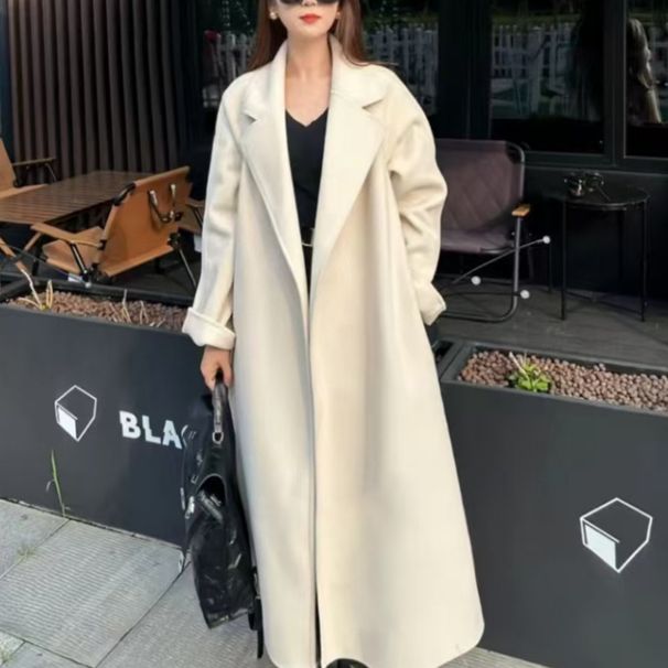 Long Loose Double-sided Woolen Coat With Lace-up Woolen Jacket_ecoleips.com