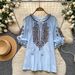 Women's Bohemian Style Embroidery Blouse with Tie Waist Korean Commuter Style Lantern Sleeve Loose Fit Slimming Versatile Top_ecoleips.com