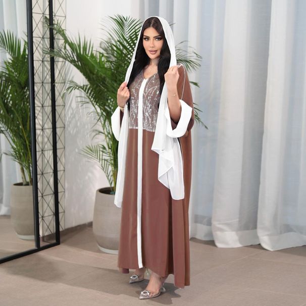 Women’s Clothing Muslim robe satin contrast color stitching sequin long skirt does not include headscarf_ecoleips.com