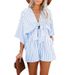 Women's Clothing Slim Waist Striped Jumpsuit For Women Deep V Flared Sleeve Three Quarter Pants_ecoleips.com