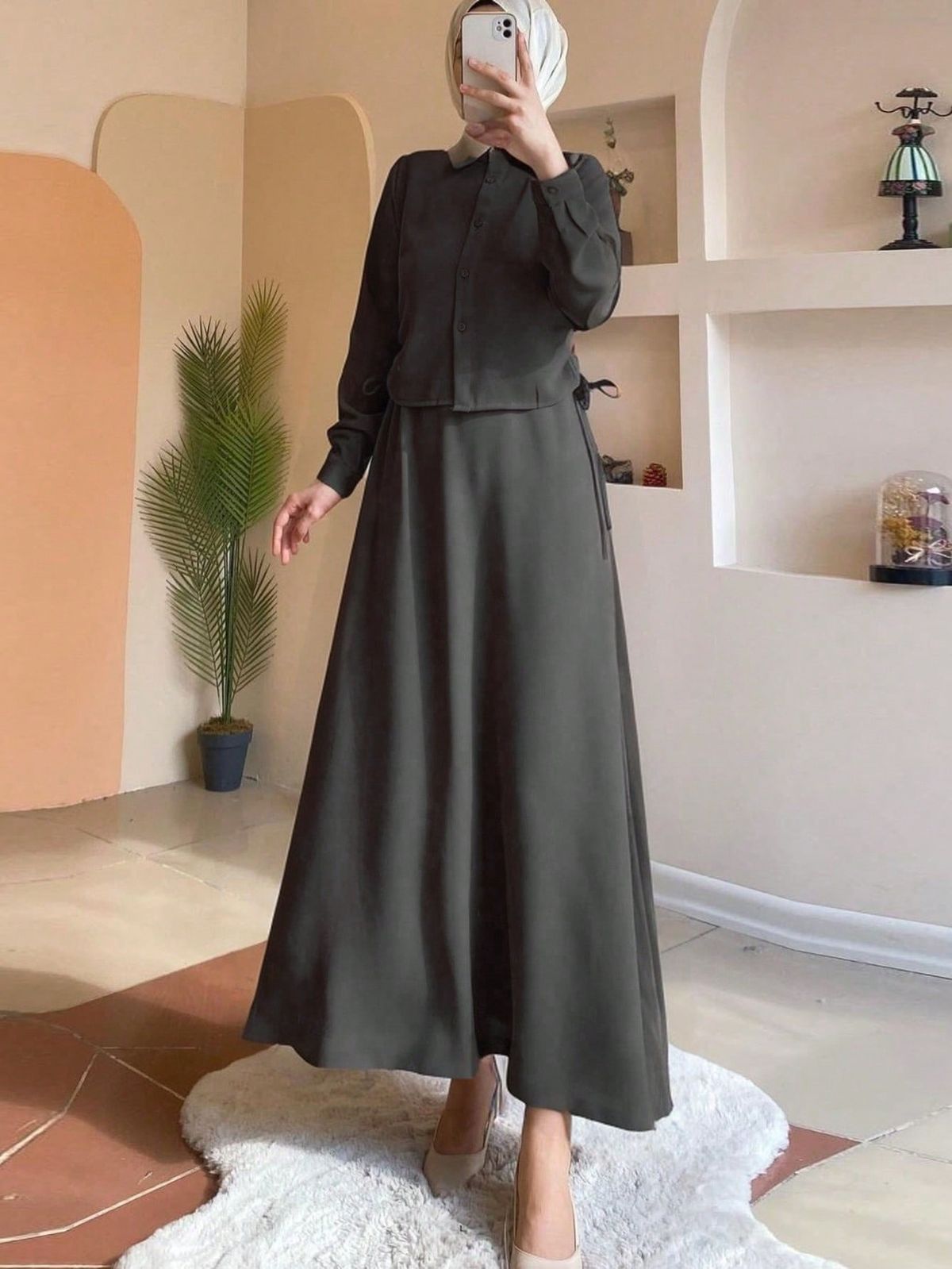 Muslim Dress Women Modest Muslim Women's Long Sleeve Dress With Polo Collar – Elegant A-Line Maxi Dress For Middle East & Southeast Asia (Brown, Black, Purple, Green)_ecoleips.com