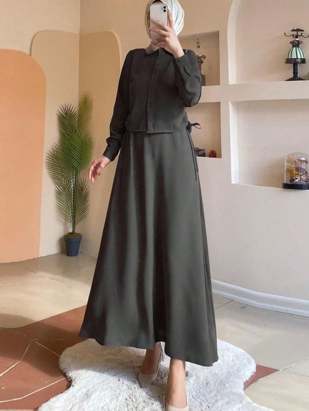 Muslim Dress Women Modest Muslim Women's Long Sleeve Dress With Polo Collar – Elegant A-Line Maxi Dress For Middle East & Southeast Asia (Brown, Black, Purple, Green)_ecoleips.com