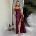 Summer Elegant Satin Long Skirt for Women with Suspenders Ruffles High Slit European American Style Dress_ecoleips.com