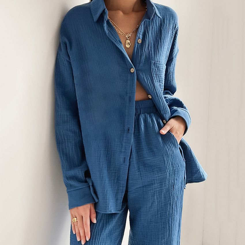 Women's Clothing New Loose Elastic Wrinkled Long Sleeve Shirt Wide Leg Pants Casual Suit Women 2 Piece Set_ecoleips.com