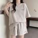 Women's Clothing Summer Casual Sports Two Piece Set For Women Wide Leg Shorts Short Sleeve Loose Fashion Waffle Style Embroidery_ecoleips.com