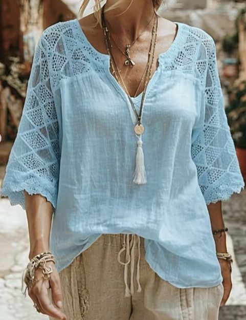Women's Clothing Women's Casual V Neck T-Shirt Comfortable Batwing Sleeve Hollowed Out Solid Color Top For Spring/Summer Style_ecoleips.com