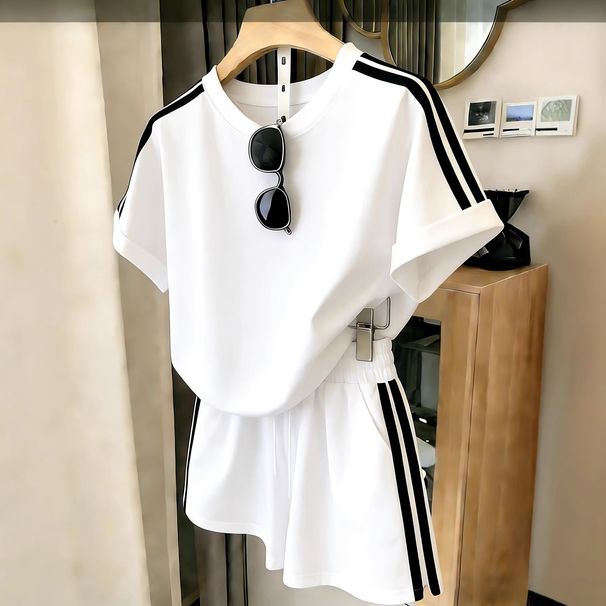 Youthful Sporty Two Piece Set for Women Striped Patchwork Short Sleeve Top Wide Leg Shorts Stylish Clothing_ecoleips.com