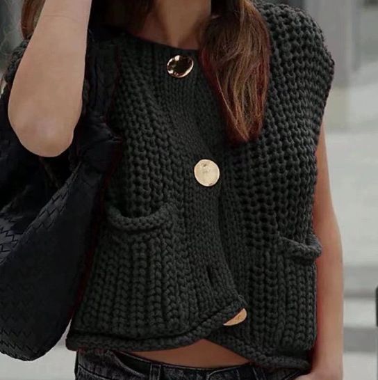 K New Women's Pocketless Sleeveless Short Cardigan Vest;_ecoleips.com