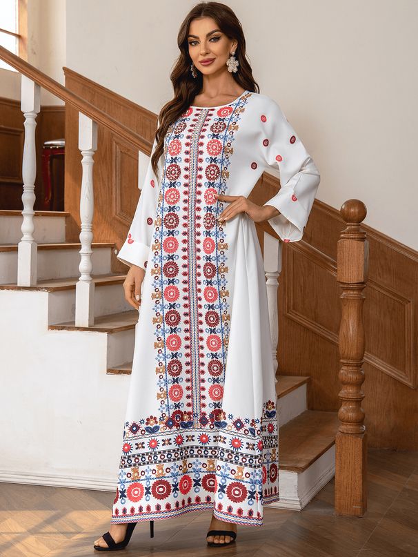 Muslim Robe Ethnic Long Skirt Printed Gilded Beaded Elegant Women's Robe_ecoleips.com
