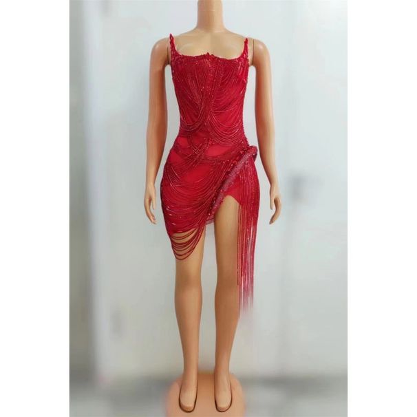 Mesh Rhinestone Tassel Short Dress See Through Cutout Sexy Tight Fitting Evening Gown Stage Performance Costume For Women_ecoleips.com