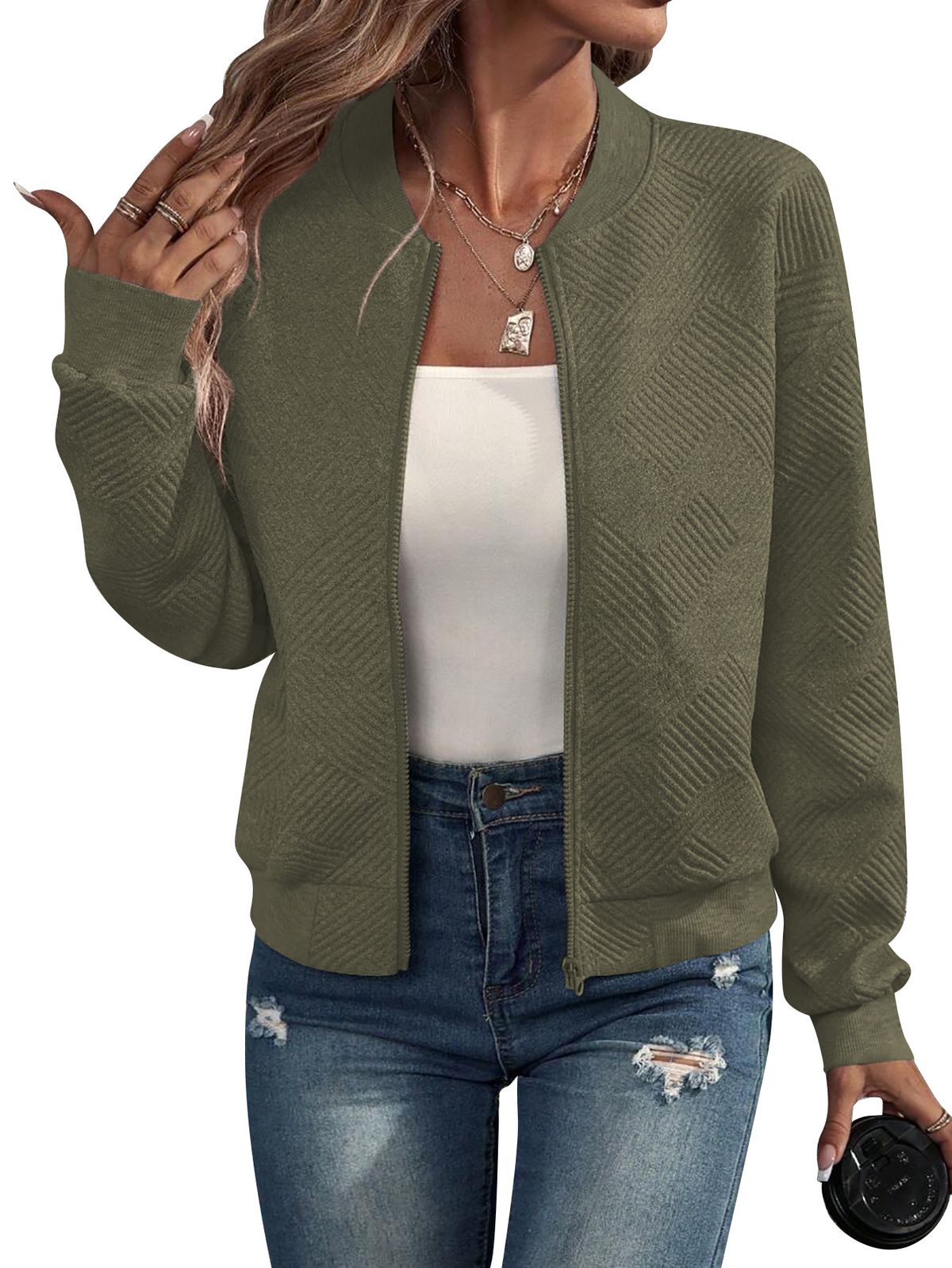 Women's Clothing new solid color zipper jacket baseball collar casual jacket_ecoleips.com