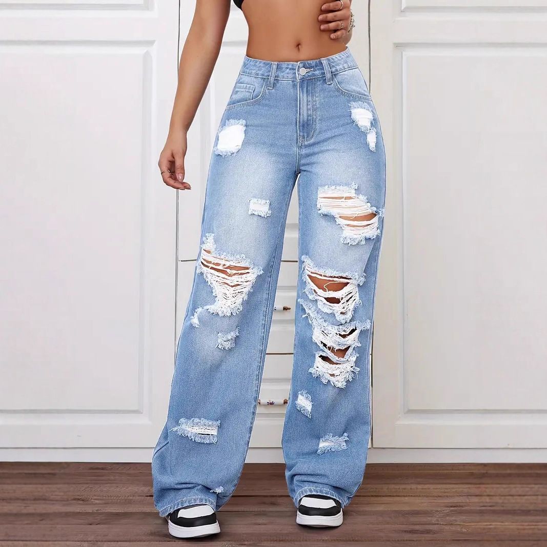European And American Cross-Border Trade Ripped Jeans Washed High Waist Straight Versatile Loose Denim Pants For Women_ecoleips.com