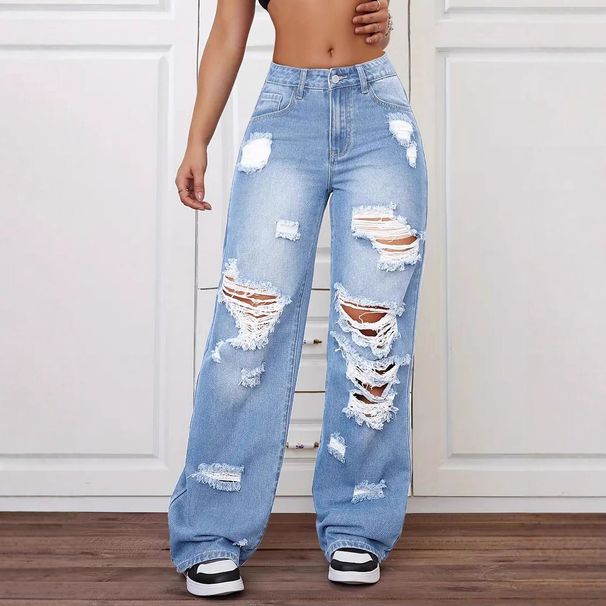 European And American Cross-Border Trade Ripped Jeans Washed High Waist Straight Versatile Loose Denim Pants For Women_ecoleips.com
