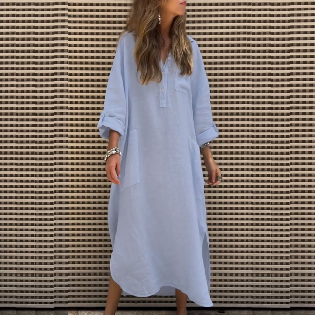 Elegant Solid Color Asymmetrical Maxi Dress With Button Details And Pockets For Women Versatile Solid Colors_ecoleips.com