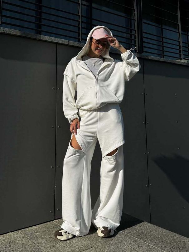 New Sports Suit, Solid Color Zipper Hooded Jacket, Ripped Button Trousers, Two-piece Set For Women_ecoleips.com