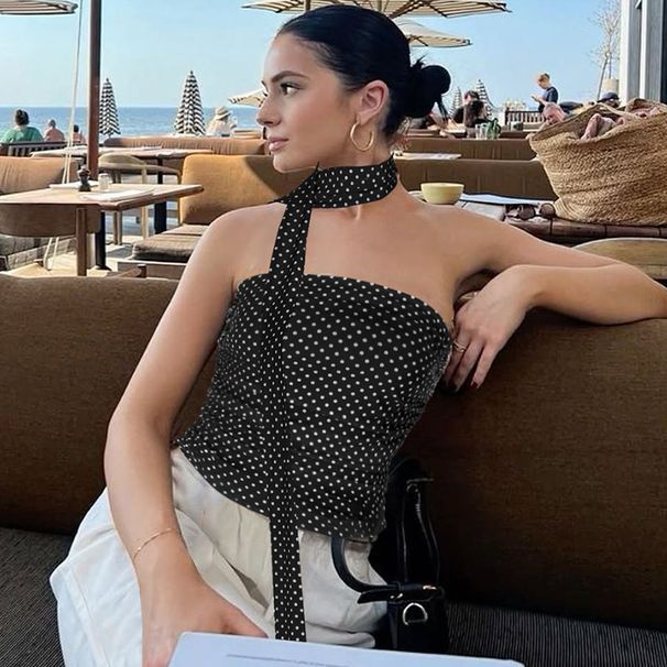 2025 Spring Summer New Fashion Sexy Polka Dot Print Slim Fit Patchwork Tube Top For Women Wholesale_ecoleips.com