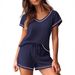 Women's Clothing Waffle Short Sleeved Shorts Casual Suit V Neck Top Shorts Home Clothes_ecoleips.com