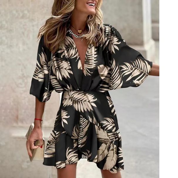 2025 Cross-Border Bestseller Autumn Bat Sleeve V-Neck Hem Fashion Printed Dress Women's Clothing_ecoleips.com
