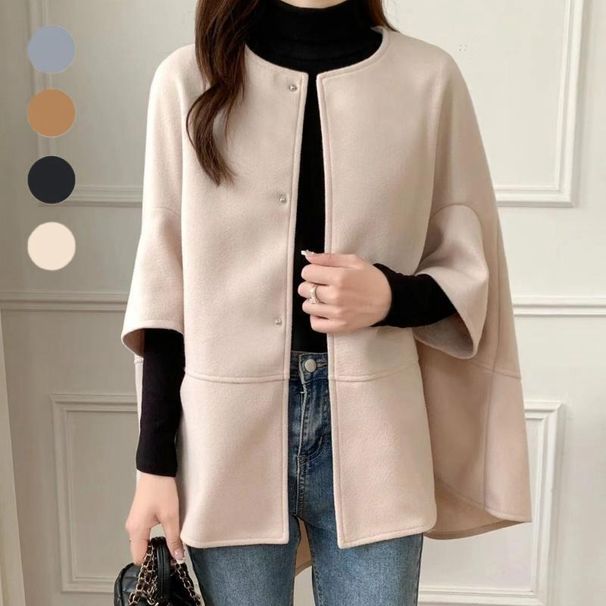 Elegant Batwing Sleeve Wool Cape Coat - Oversized Poncho Style For Women, Autumn Winter Fashion, Casual Loose Fit, Pure Color & Checkered Patterns_ecoleips.com
