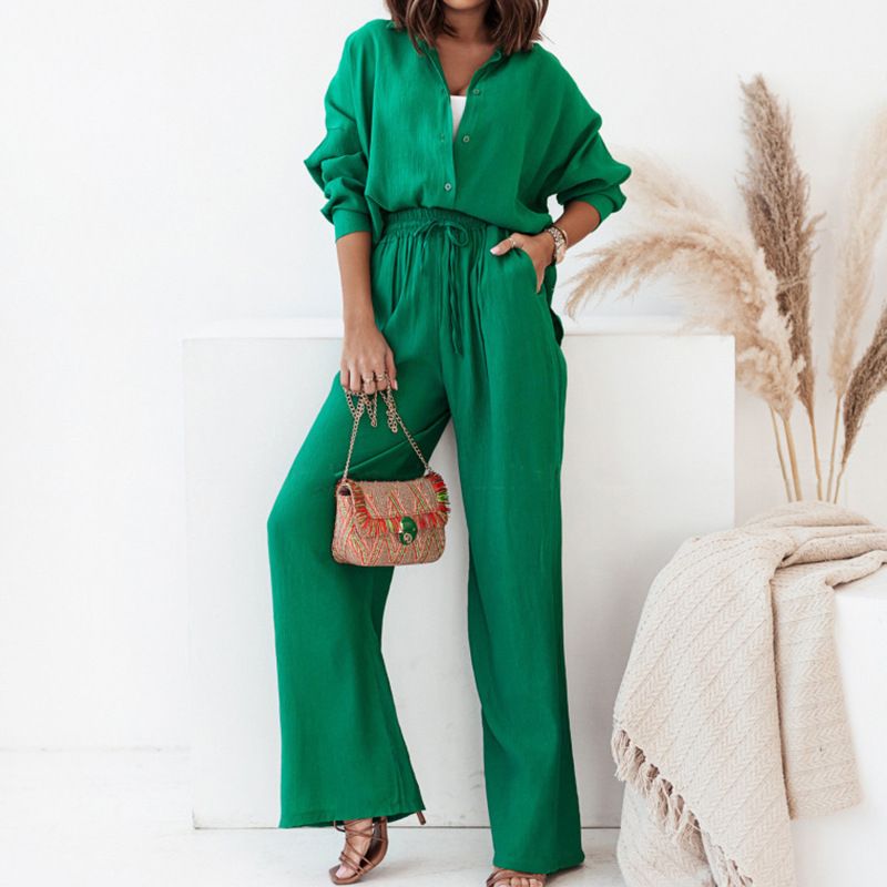 Spring 2026 Women's Fashion Set Loose Long Sleeved Shirt & Wide Leg Pants Casual Cross Border European American Style_ecoleips.com