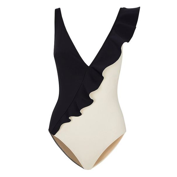 European And American New V Neck Sexy Ruffled One Piece Swimsuit Female Umbrella Skirt Suit Female_ecoleips.com