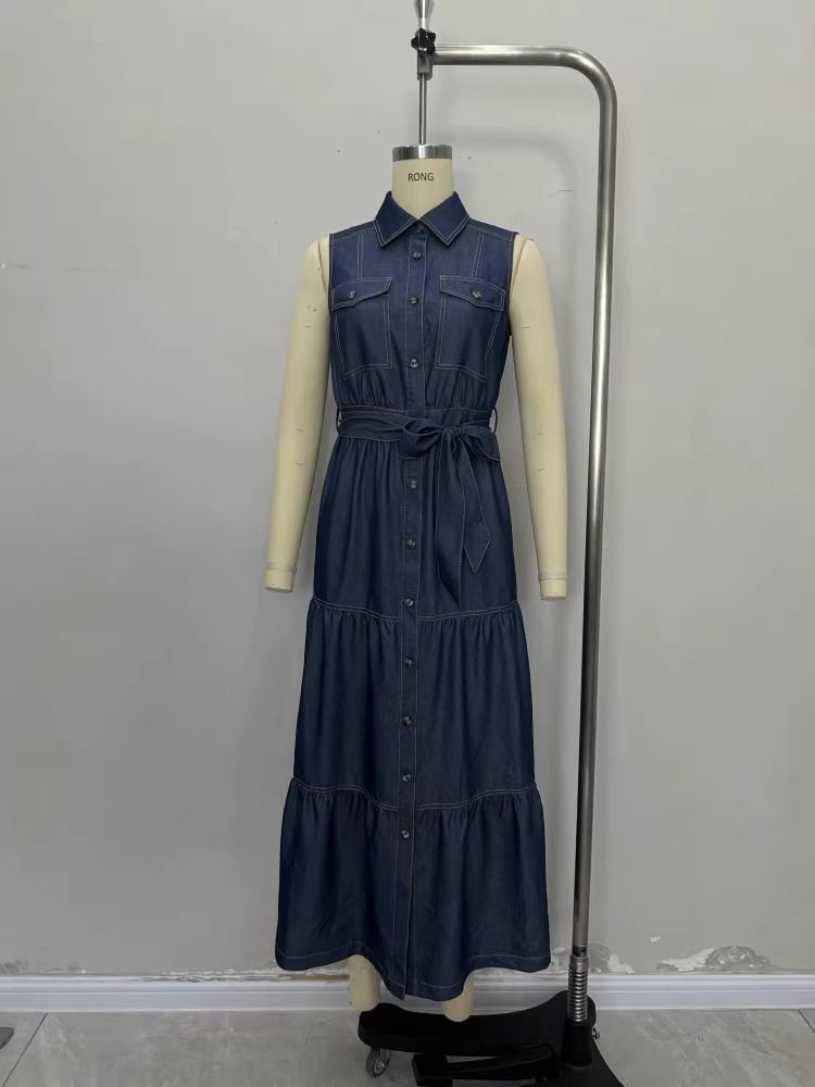 Vintage Wash Denim Shirt Dress Women's Sleeveless Belted Midi Cross-Tie Waist A-Line Silhouette S to XL_ecoleips.com