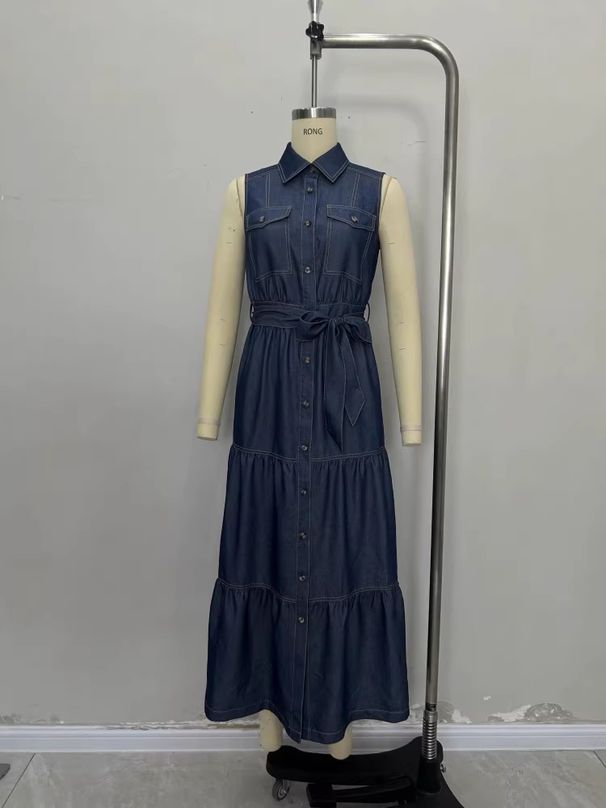 Vintage Wash Denim Shirt Dress Women's Sleeveless Belted Midi Cross-Tie Waist A-Line Silhouette S to XL_ecoleips.com