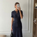 Elegant French Sequin Knit Maxi Dress Women Round Neck Cinched Waist Short Sleeve Button Detail Robe Summer Party Evening Gown_ecoleips.com