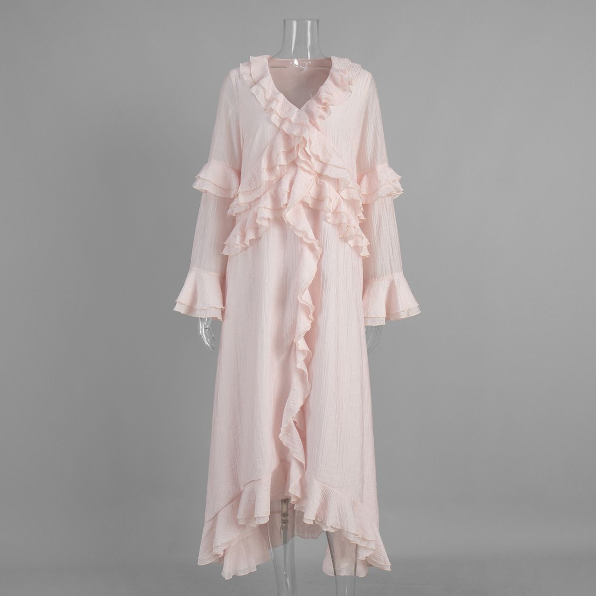 Summer New Design Cross Border Long Dress European American Style Irregular V Neck Ruffled Slit Casual Elegant Fashion Thin_ecoleips.com