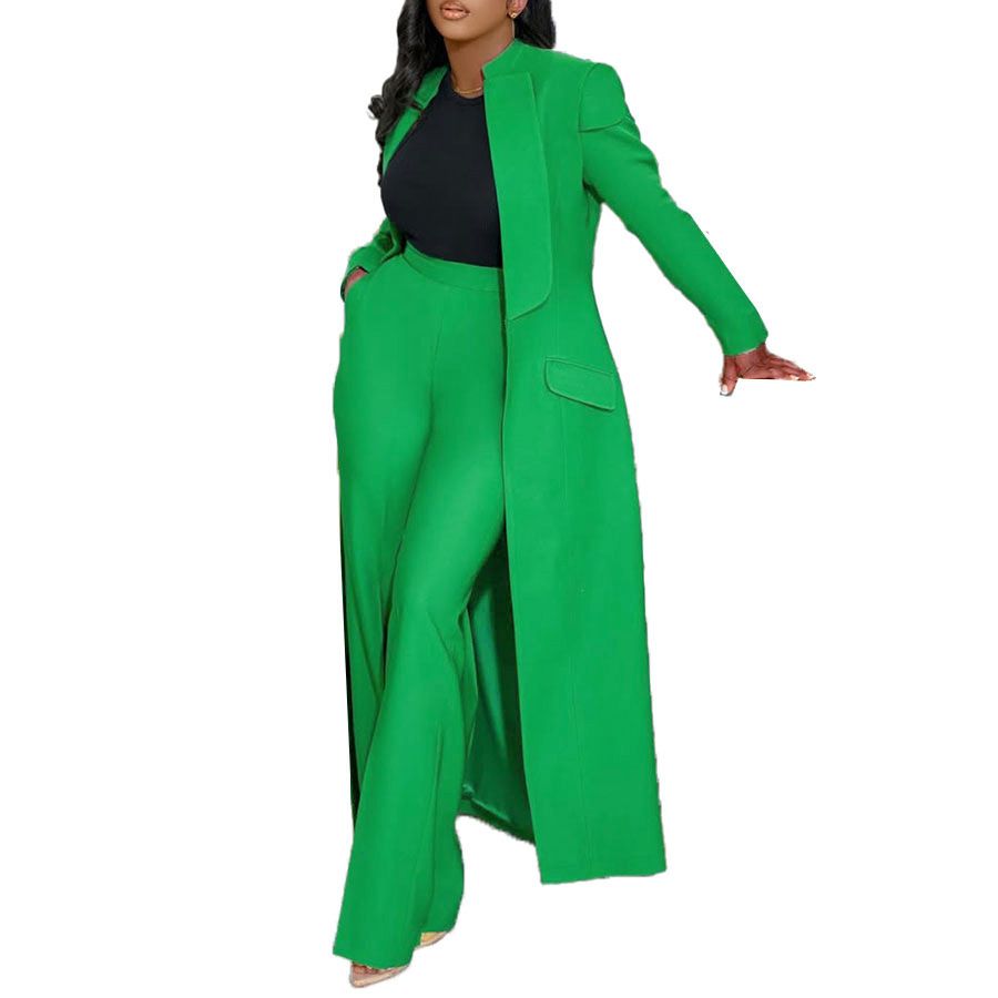 Women's European American Solid Color Lapel Long Suit Two Piece Set Regular Thickness Summer Season_ecoleips.com