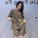 Women's Leopard Print Rhinestone T-Shirt And Shorts Set plus Size Summer Two Piece Crew Neck Short Sleeved Outfit_ecoleips.com