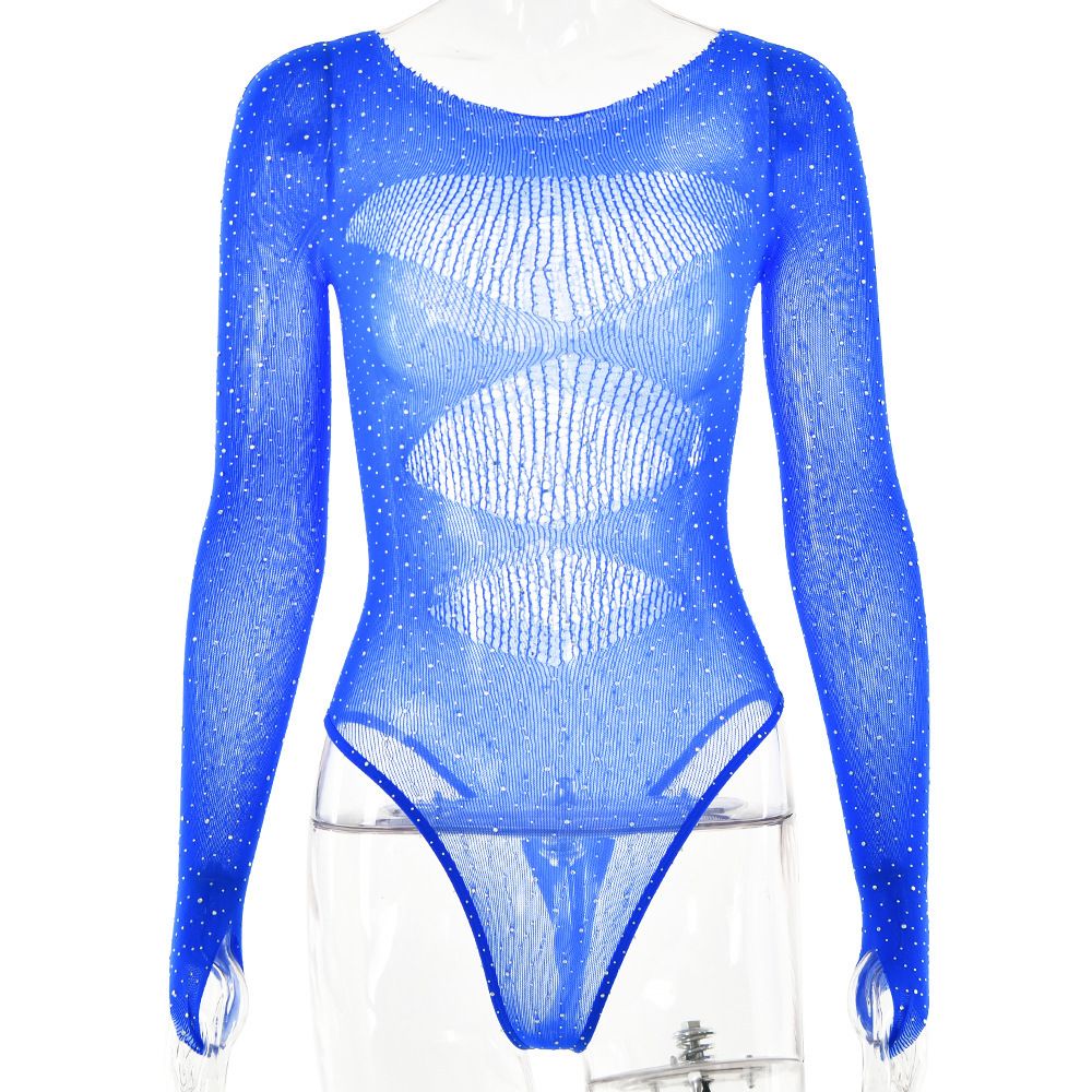 Women's Clothing Sexy Hot Girl High Elastic Knitted Perspective Long Sleeve Hollow Hot Diamond Bodysuit_ecoleips.com
