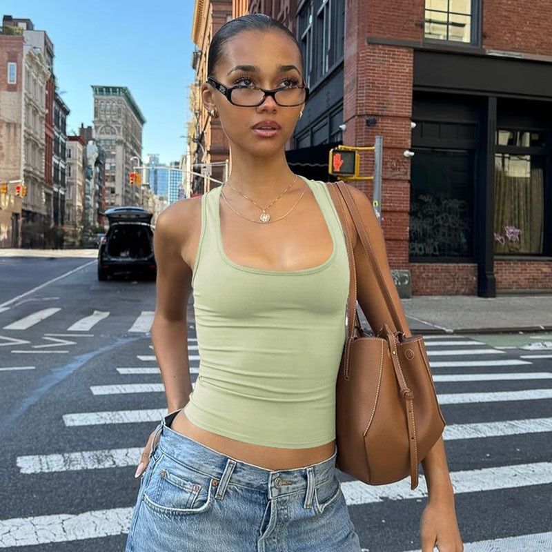 Women's Solid Color Sleeveless Square Neck Tank Top Inner Layer European American Style Summer Fashion 2025 Hot Girl_ecoleips.com