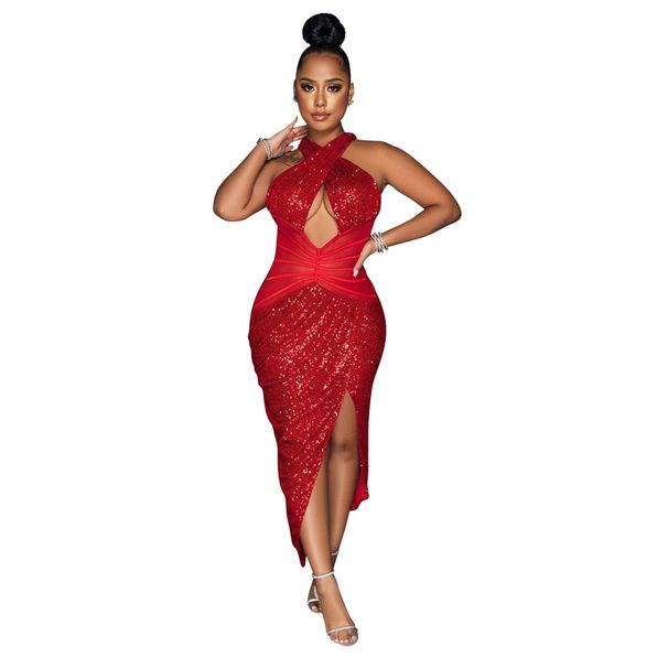 sexy party sequined irregular temperament evening dress for women halter dress_ecoleips.com