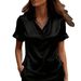 Elegant Satin Short Sleeve Blouse - Flowy V-Neck Womens Top With Floral Print, Breathable Polyester Blend, Versatile For Work & Casual_ecoleips.com