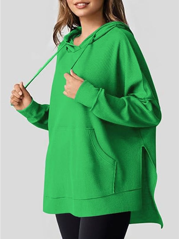 Women's Autumn Winter Hoodie Waffle Knit Side Slit Pullover Sweatshirt Long Sleeve with Pockets Fashionable Casual Top for Women_ecoleips.com