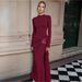 Women's Long Dress European American Style round Neck Solid Color Autumn Winter Fashion Elegant Decorative Ring Buckle Long Sleeves_ecoleips.com