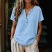 Women's Casual Solid Color Cotton Linen Blend Short Sleeve Top V Neck Button Down Half Open T-Shirt_ecoleips.com