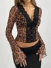 K New Sweet And Spicy Leopard Lace Splicing Tight Low Collar Open Chest Micro Pulling Sleeve Top_ecoleips.com