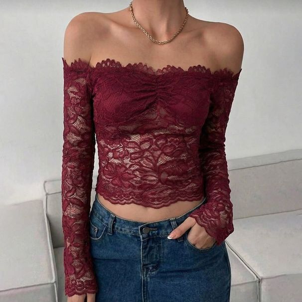 European And American Best-Selling Women's Clothing 2026 Spring New Fashion Off-Shoulder Lace Slim-Fit Top For Women_ecoleips.com