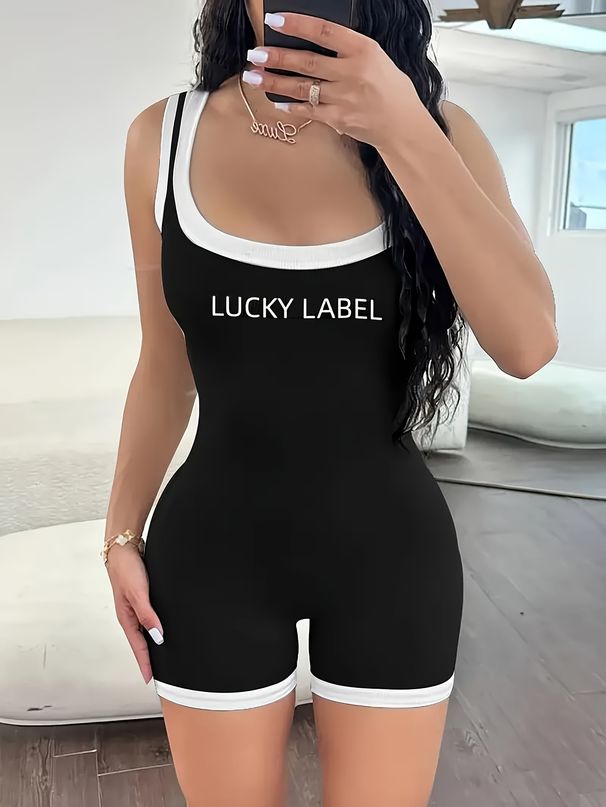 Color Block Straps Backless Jumpsuit Letter Printed Sexy Bodycon One Piece Playsuit Women Fashion Outfits Streetwear Workout Gym Vacation_ecoleips.com