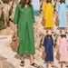 Women's Cotton Linen V Neck Button Up Dress Solid Color Three Quarter Sleeve Mid Length Spring Summer New Europe America_ecoleips.com