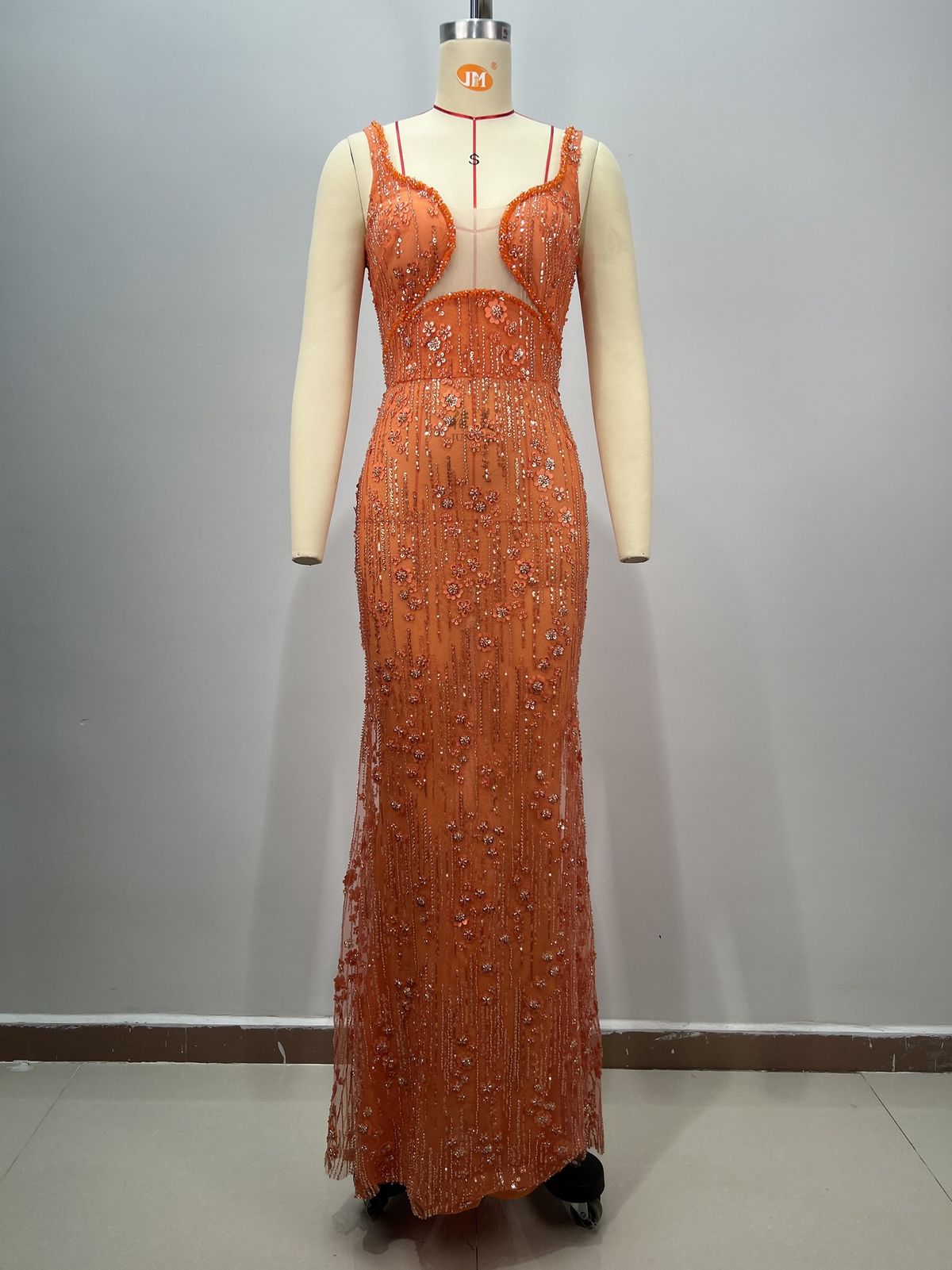 Women's Clothing New Suspender U Neck High Waist Beaded Orange Sexy Sequin Fishtail Party Dress_ecoleips.com