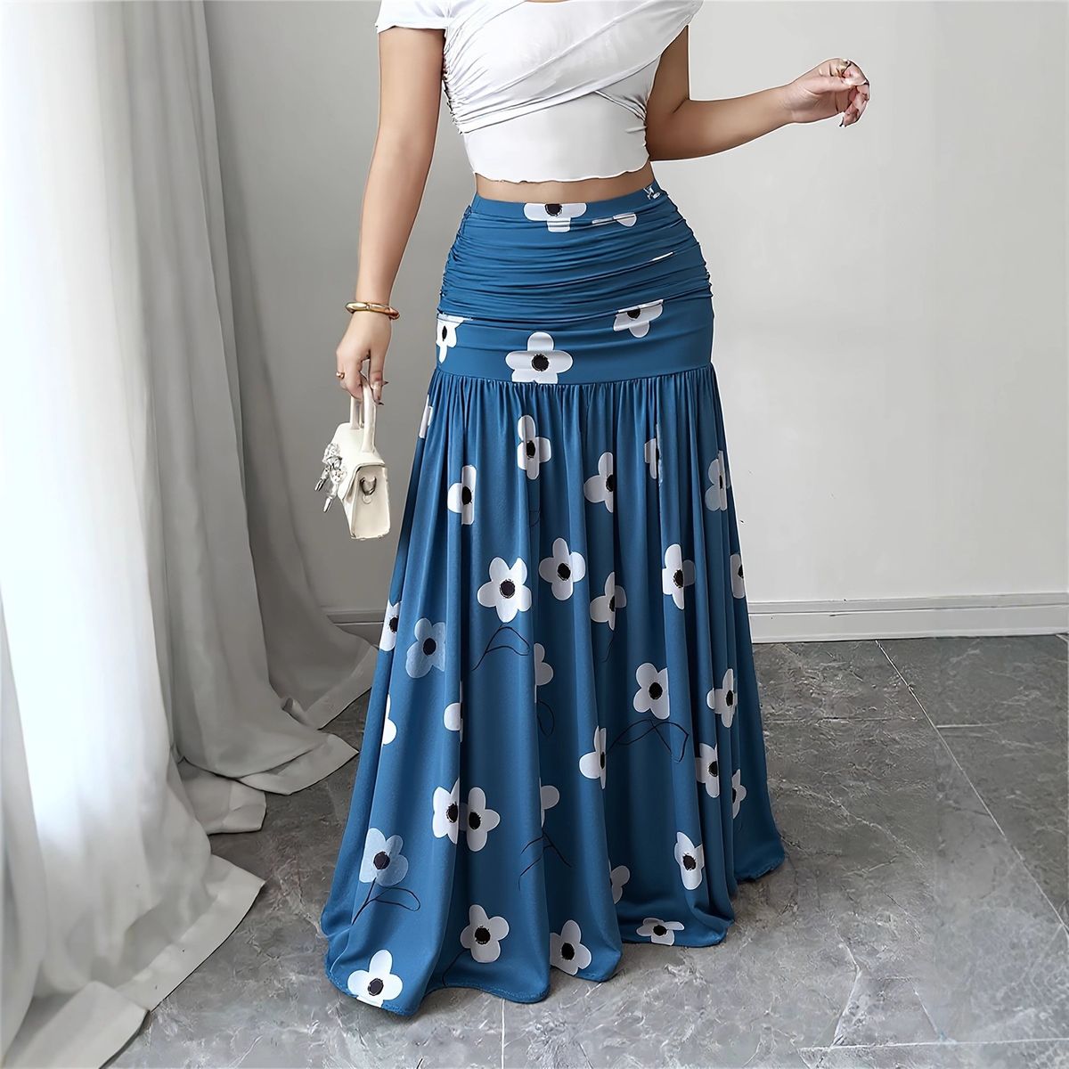Women's Retro Fresh Casual Blue Base White Floral Print Pleated Maxi Skirt Versatile_ecoleips.com