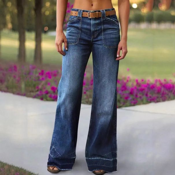Stretch Denim Long Pants for Women Straight Wide Leg mid Rise Jeans Gradient Frayed Hem Design European And American Style_ecoleips.com