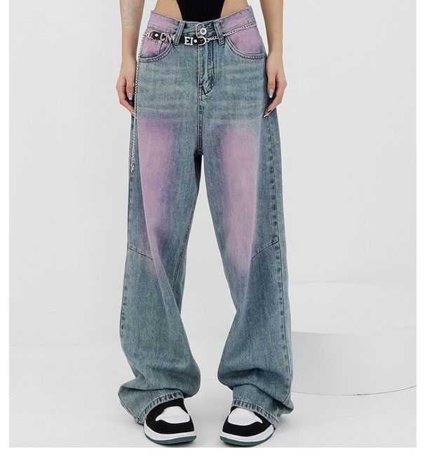 Women's Clothing Spring And Summer Jeans Washed Retro Jeans Women's Graffiti Niche Wide Leg Mopping Pants_ecoleips.com